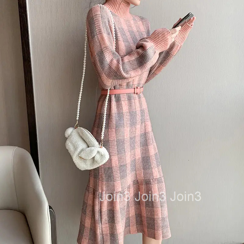 Pink Turtleneck Plaid Knitted Woman Dress Crochet Dresses for Women 2025 Outfits Elegant Party New In Promotion Features Clothes