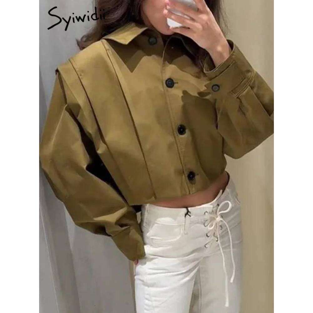 Syiwidii Fashion Single Breasted Jackets for Women Loose Lapel Pleated Long Sleeve Coat 2025 New Temperament Commuting Outerwear