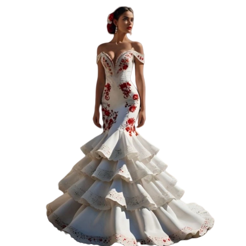 Elegant Mermaid Evening Dresses Ruffles Tiered White And Red Reception Gown Floral Lace Applique Flamenco Prom Dress