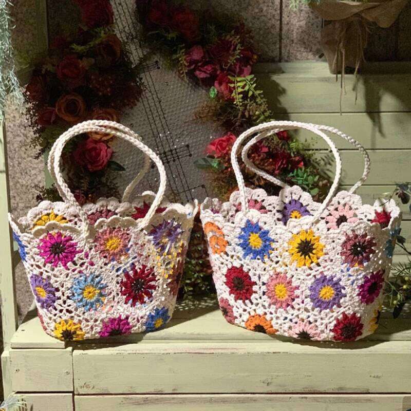 Fashion Vintage Flowers Handmade Knitting Crochet Shoulder Knitted Handbags Tote Women Designer Female Hand Bag