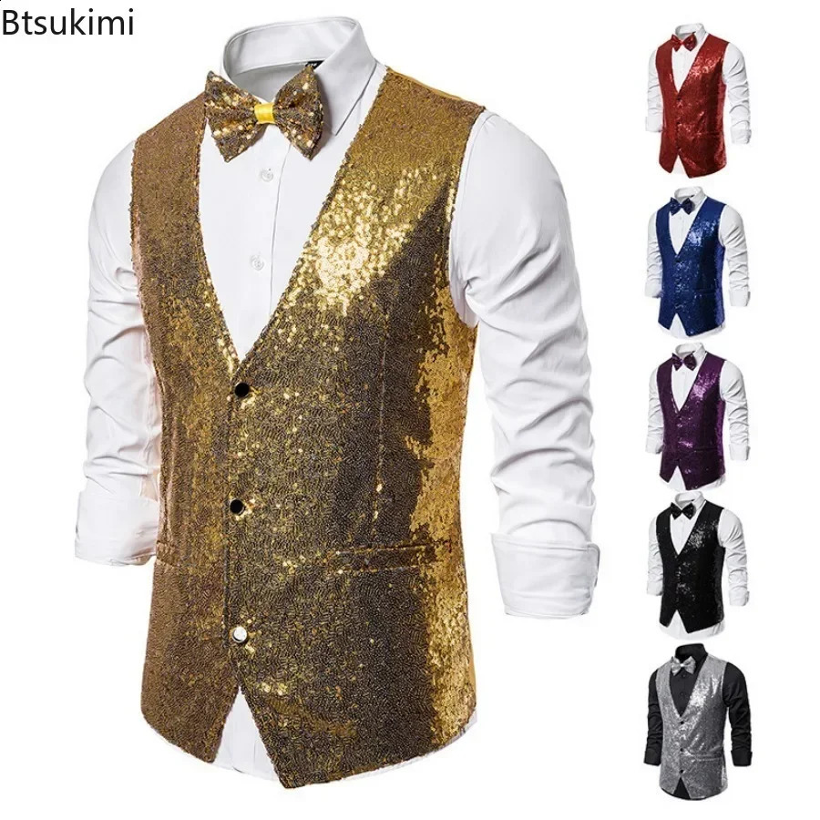 Mens Shiny Gold Sequin Glitter Embellished Blazer Waistcoat Night Club Blazer Wedding Party Waistcoat Stage Singers Vest 250614