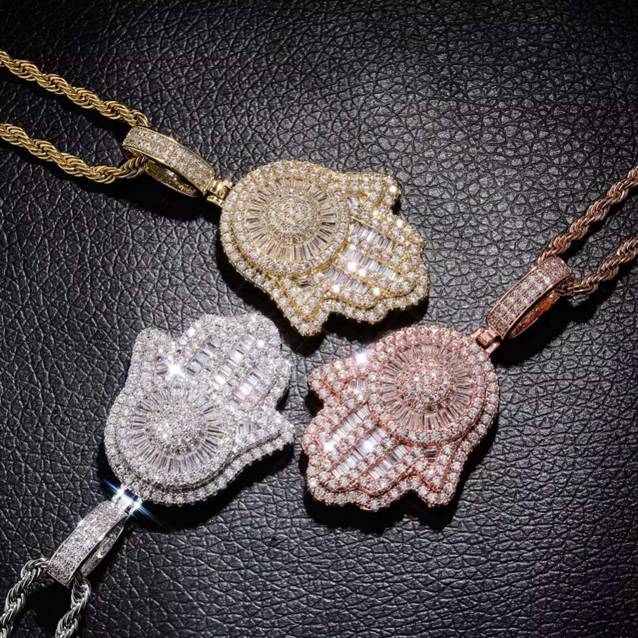 Custom 14k Rose Gold Hamsa Hand Pendant New Design Fatima Necklace with Baguette Micro Pave Luxury Good Luck Charm