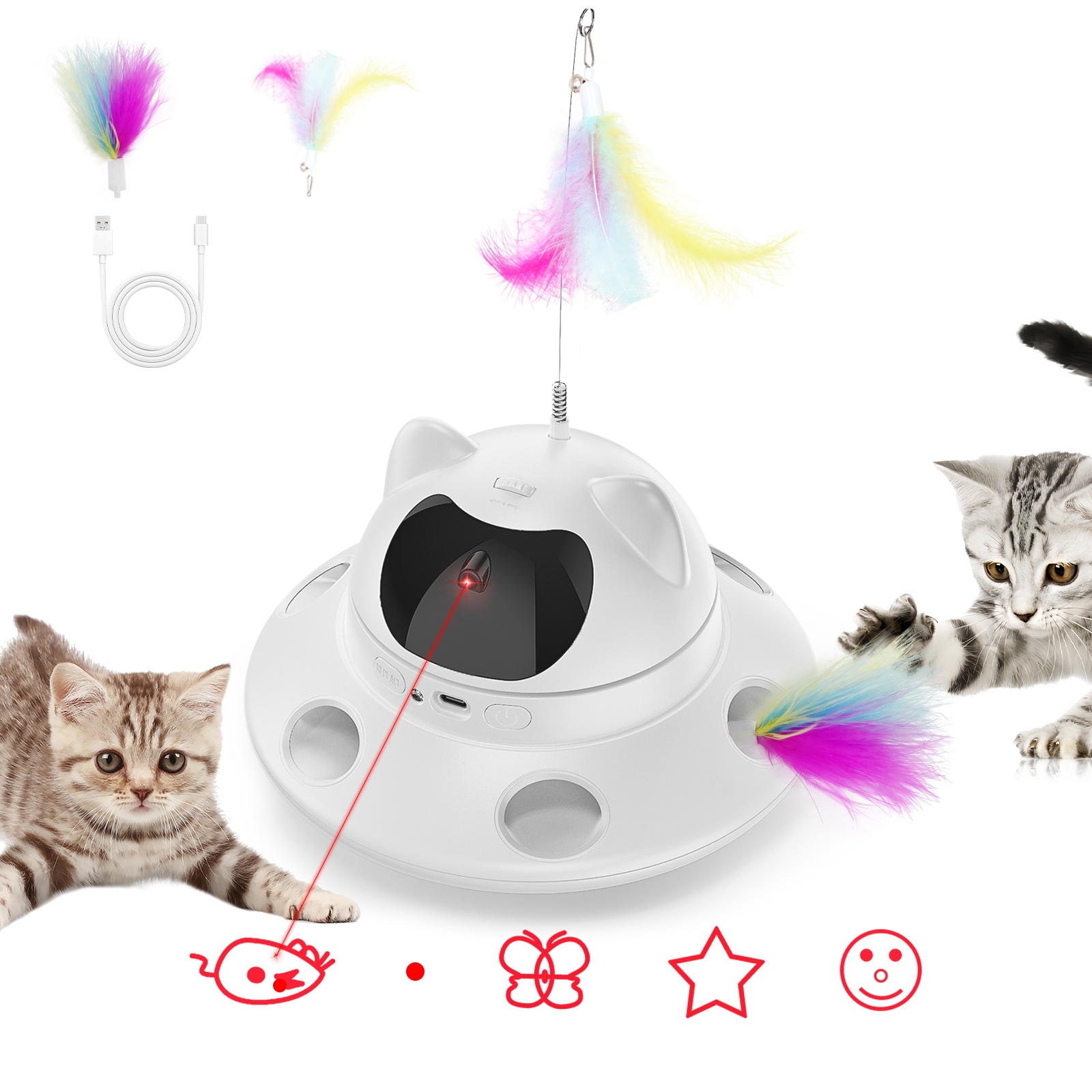 Interactive 3-In-1 Cat Toy with 6-Hole Whack-a-Mole Feature - Motion Activated, Feather Chase, USB Rechargeable