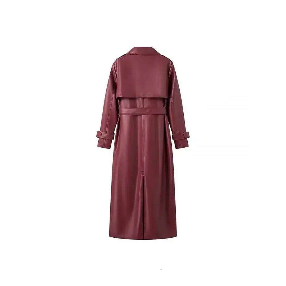 2025 Women New Fashion with Belt Style Single Breasted Faux Leather Coat Vintage Long Sleeve Pockets Female Outerwear