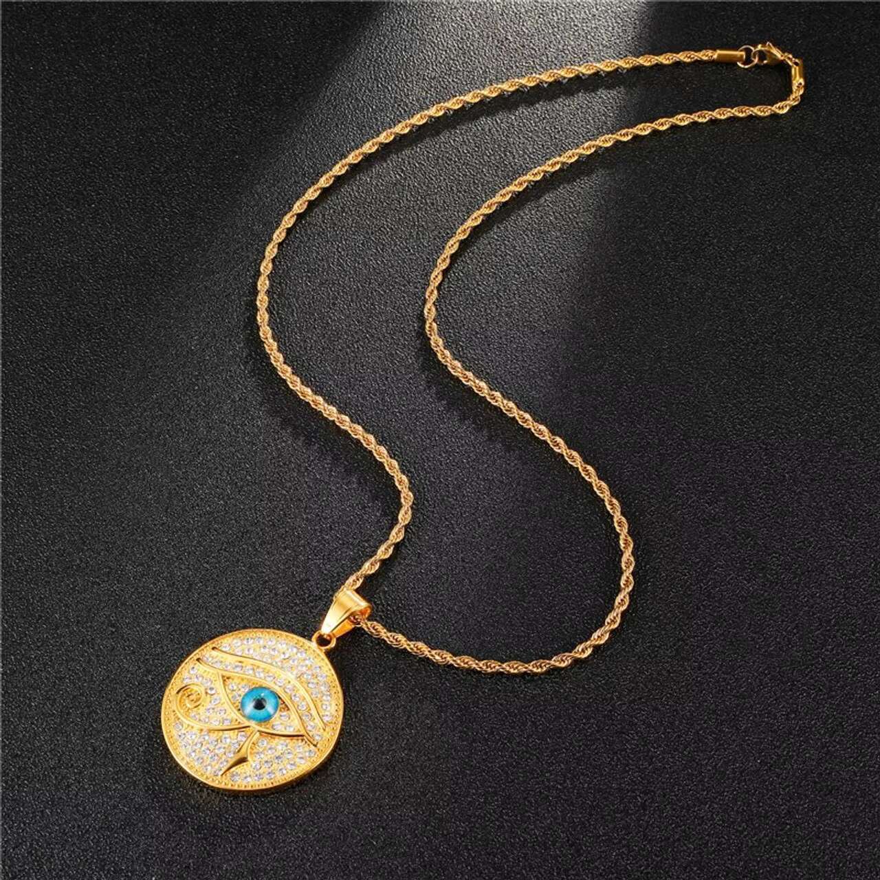 New Trendy 14k Gold Egypt Eye of Horus Pattern round Pendant Necklace with Moissanite for Mens Womens Wear