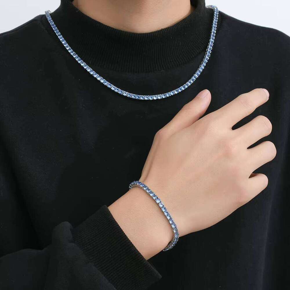 BES Jewelry 4mm Sea Blue Iced Out Tennis Chain White Gold Plated CZ Stone Bracelet with Zircon for Anniversaries