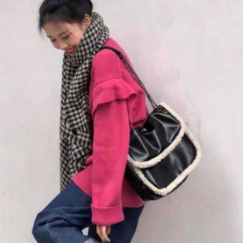 Shoulder Bag Handbags Underarm Bags Y2k Aesthetic Fashion Vintage Trend Women Patchwork Fluffy Casual Streetwear