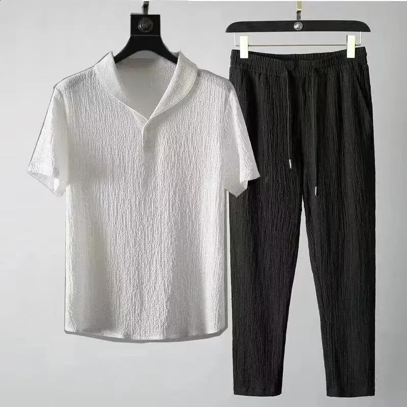 Summer Ultrathin Sleeveless Ice Silk Linen Suit Mens Cotton Set Oversized Loosefit Midsleeve Tshirt Sports Wear 250614