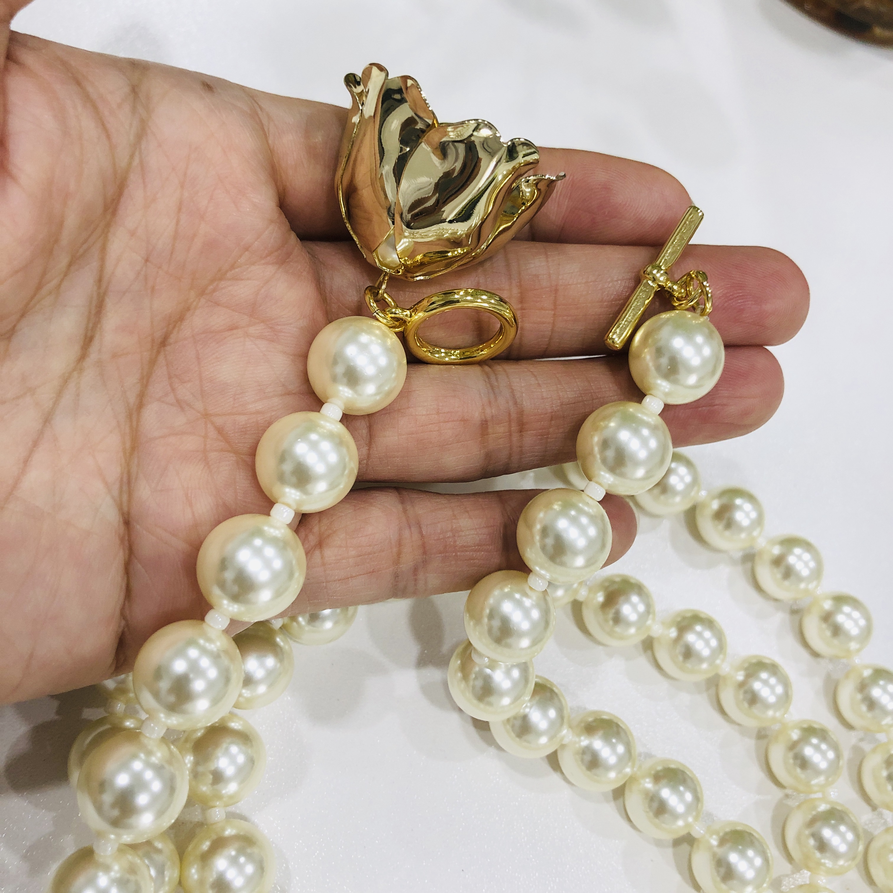 ADITA Long pearl necklace, 120cm, stainless steel metal flower, flowers can be adjusted to bloom. High quality necklace that never fades premium gifts
