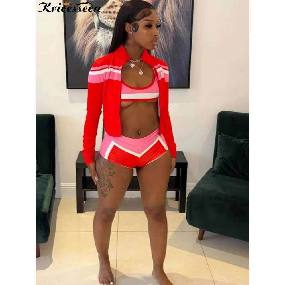 Wear Kricesseen Womens Color Block Sweatshirt Jacket Top And Matching Shorts Red Swimsuits 3 Piece Outfits Beach Set Active Wear