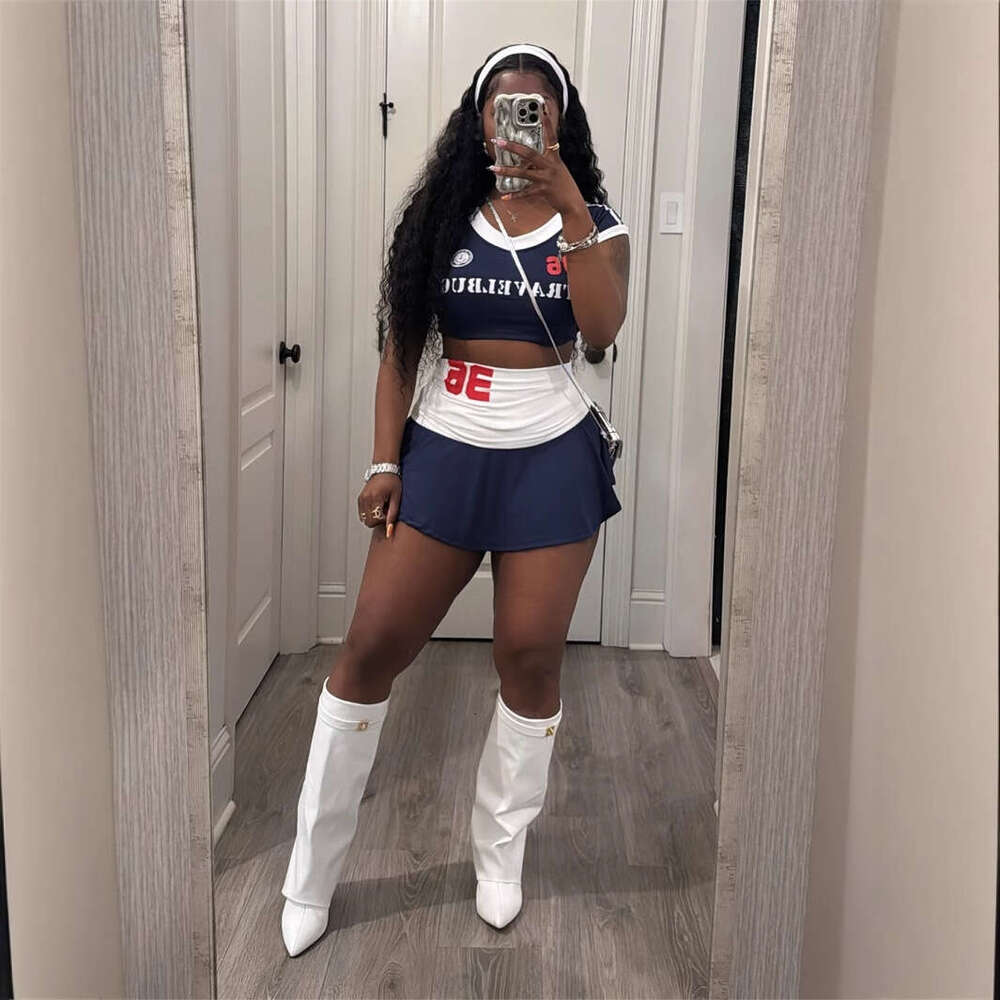 Summer American Style Spicy Girl Short Letter Print Color Block Strap Waist Skirt Set For Women B5