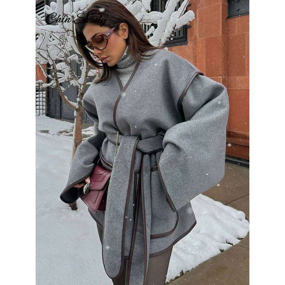 Elegant Patchwork Belt Women's Coats Women Contrast V-neck Long Sleeve Pocket Female Overcoats 2024 Autumn Lady New in Outwear