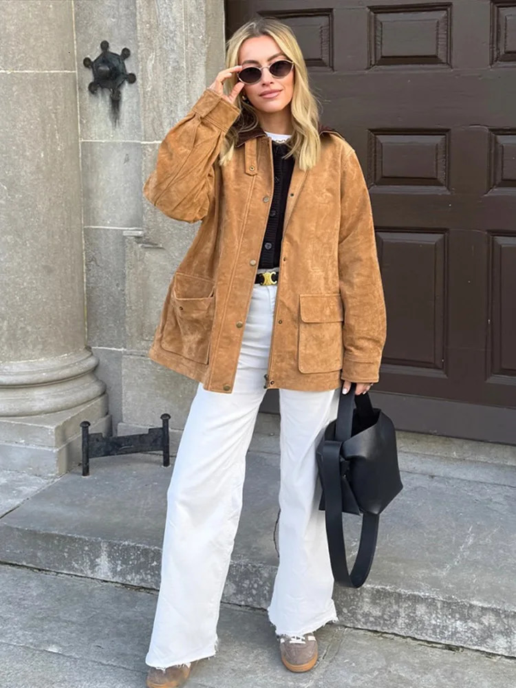 Spring Suede Womens Jacket Fashion Patchwork Lapel Single Breasted Female Coat 2025 Retro Khaki Full Sleeves Loose Lady Coats 250617