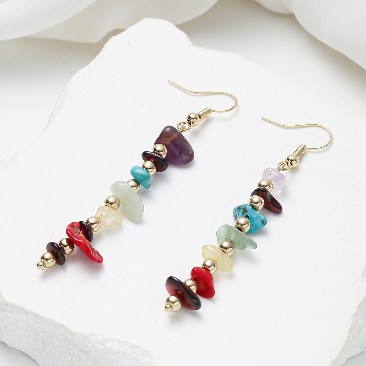 Creative Irregular Personality Inlaid Colorful Natural Stone Studs Versatile Beaded Drop Earrings