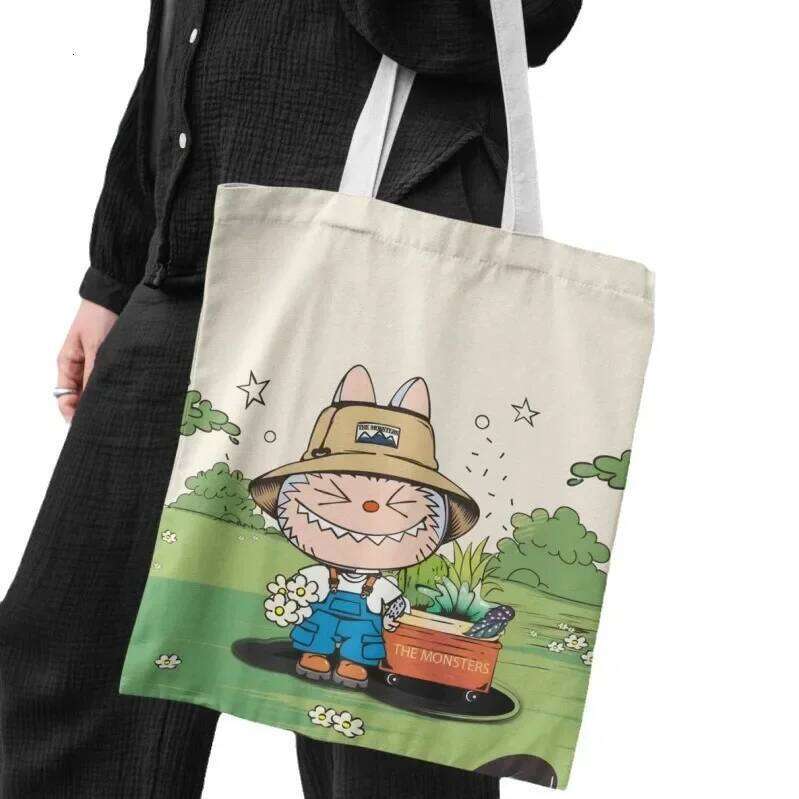 Lisa Same Labubu Canvas Female Cute Cartoon Shopping Handbag Casual Student Shoulder Bag The Monsters Crossbody Bags