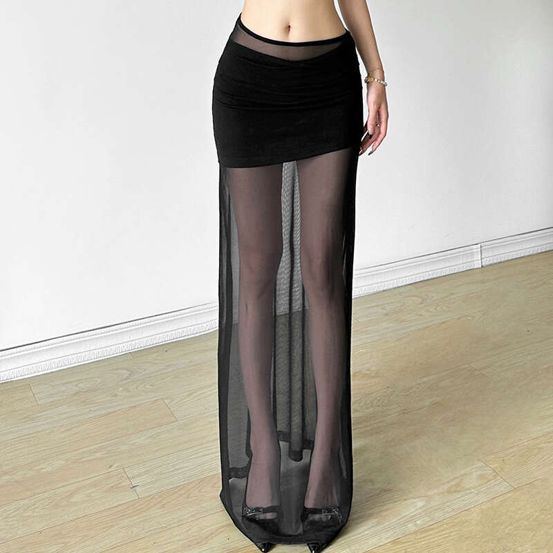 Summer New Women's Solid Color Slim Fit Street Fashion High Waist Sheer Mesh Skirt B5