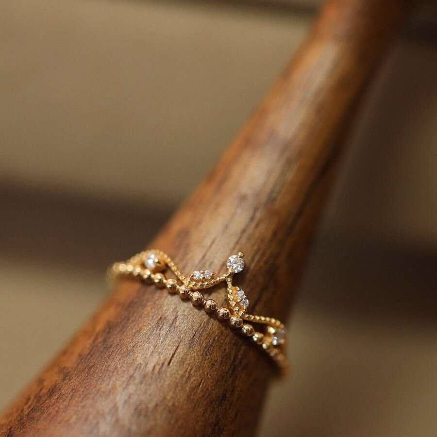 French Micro Paved Zircon for Women Princess Palace Style Light Luxury Crown Open Versatile Ring