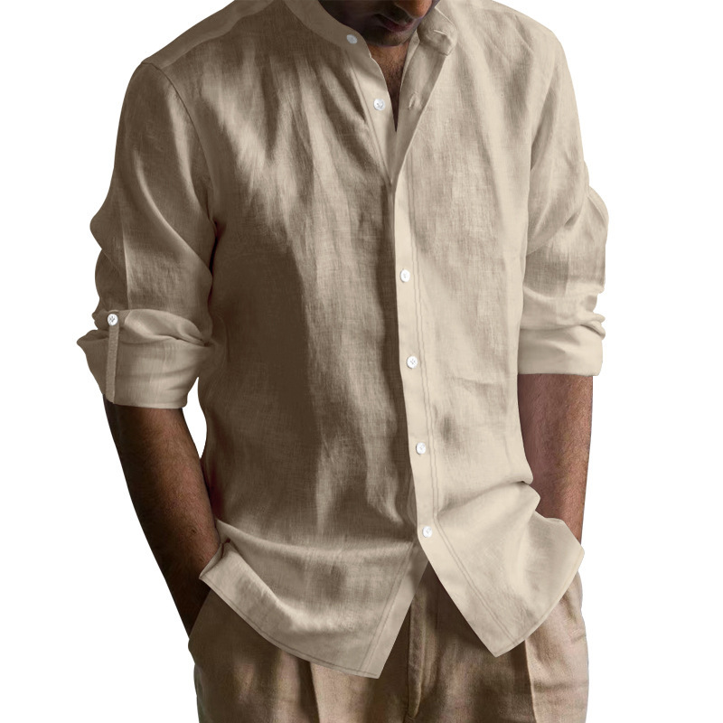Fashion brand Men's Hawaiian long-sleeved shirt with cotton and linen stand-up collar breathable Henry collar casual long-sleeved top European co