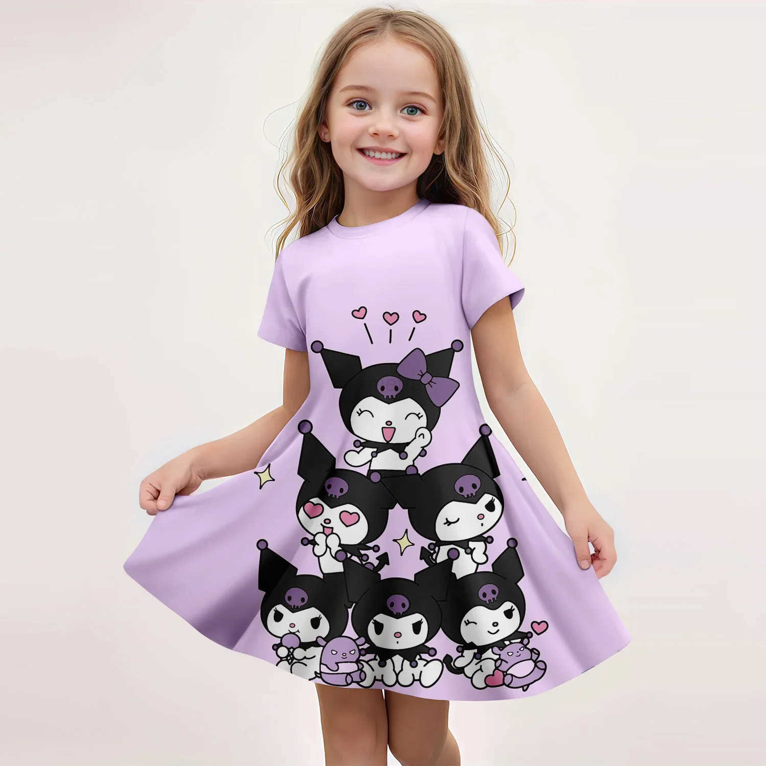 Sanrio 2025 Girl Clothes Summer Dress Fashion Comfortable Cartoon Cute Children Dresses Short Sleeve Kuromi Sanrio 3D Print NewXJ250618