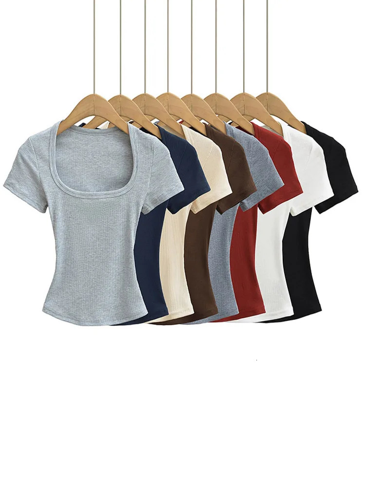 Summer square neck high elasticity crop top womens short sleeved sexy top slim fit pullover base shirt 250618