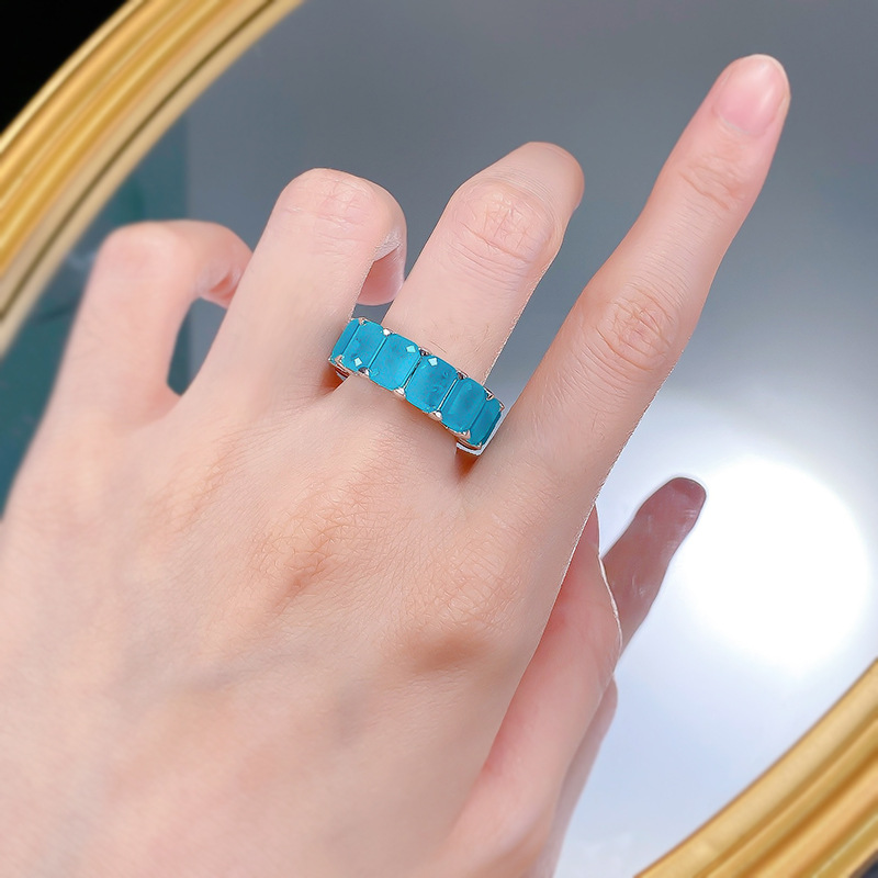 Elegant Rectangular Paraiba-Inspired 925 Sterling Silver Band Featuring a Line of Sparkling Diamonds