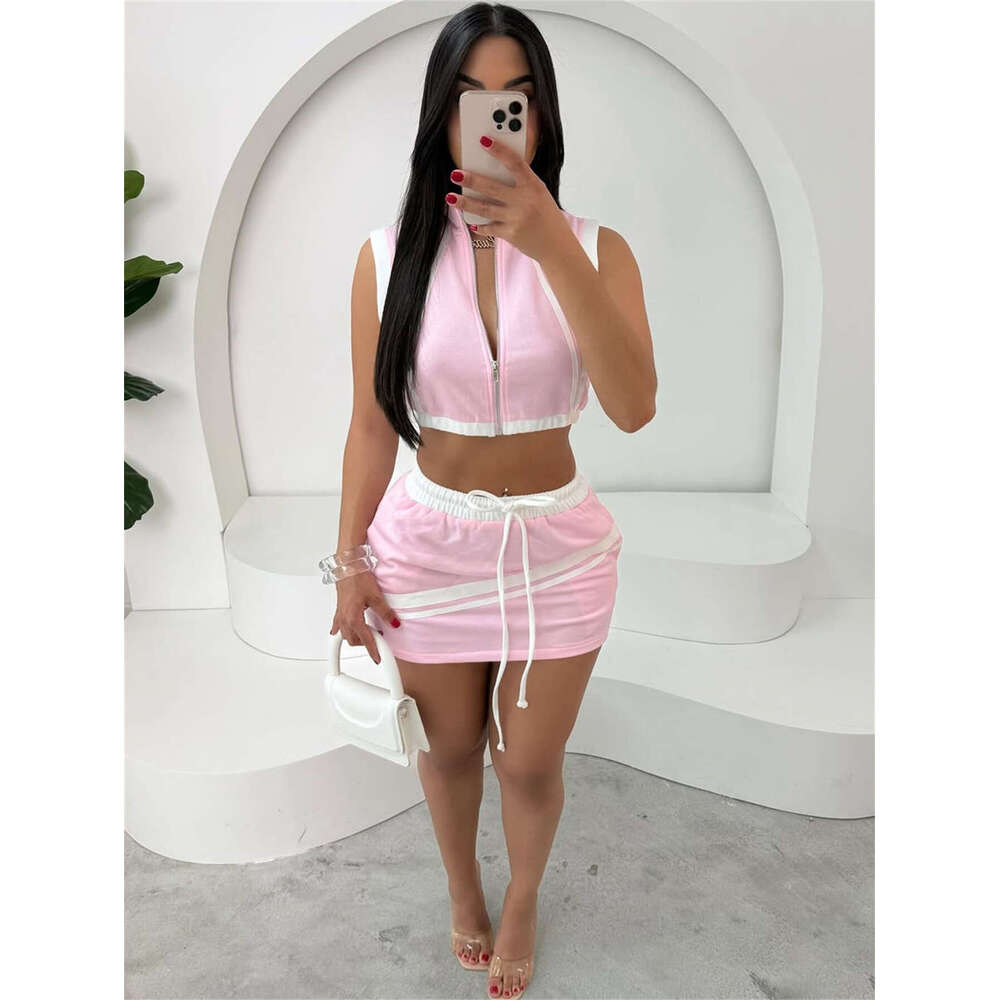 New Fashion Slim Fit Street Zipper Sleeveless Crop Top With Tie Waist Short Skirt Set B5
