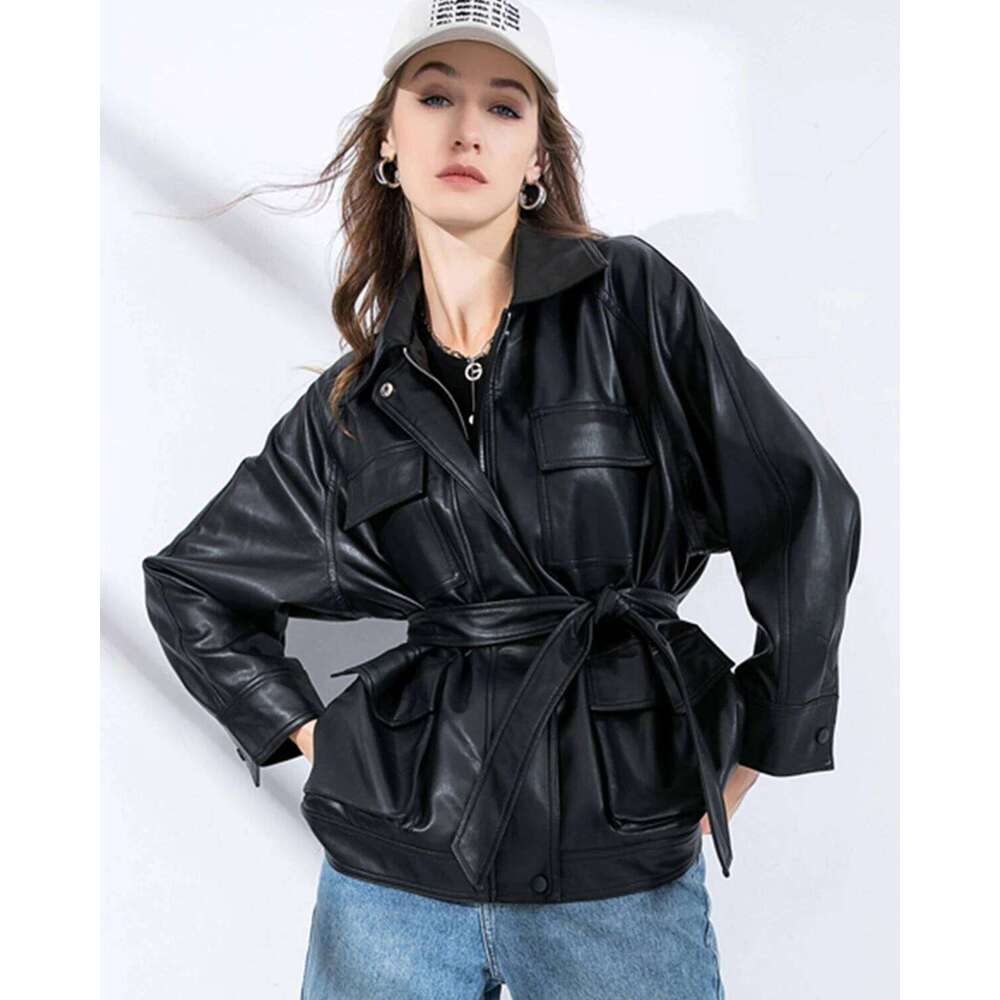 Fitaylor Women PU Jacket Vintage Lapel Zipper Faux Leather Coat High Street Motorcycle Outwear with Belt