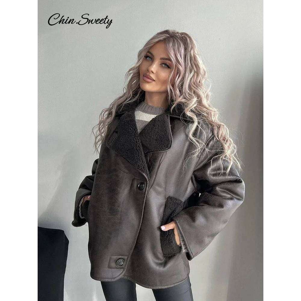 Vintage Women's Leather Loose Thick Warm Lapel Single Breasted Long Sleeve Fleece Jacket 2024 Fall Winter Street Outwear