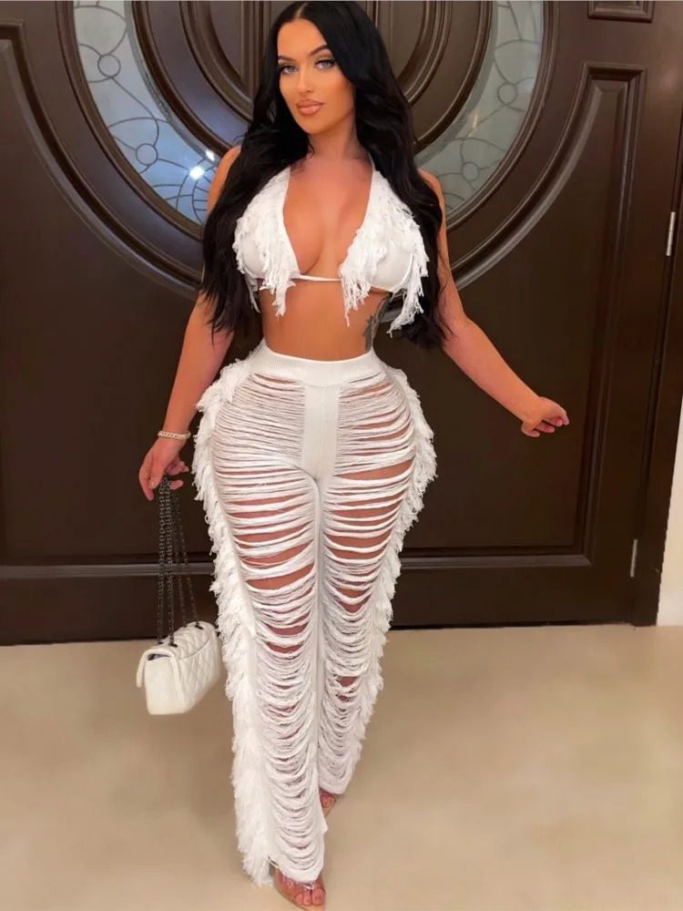 Sexy Women Knitted Set Two Piece Halter Backless Bra Crop Top Pants Crocheted 2 Pieces Hollow Out Crochet Beach Set 250617