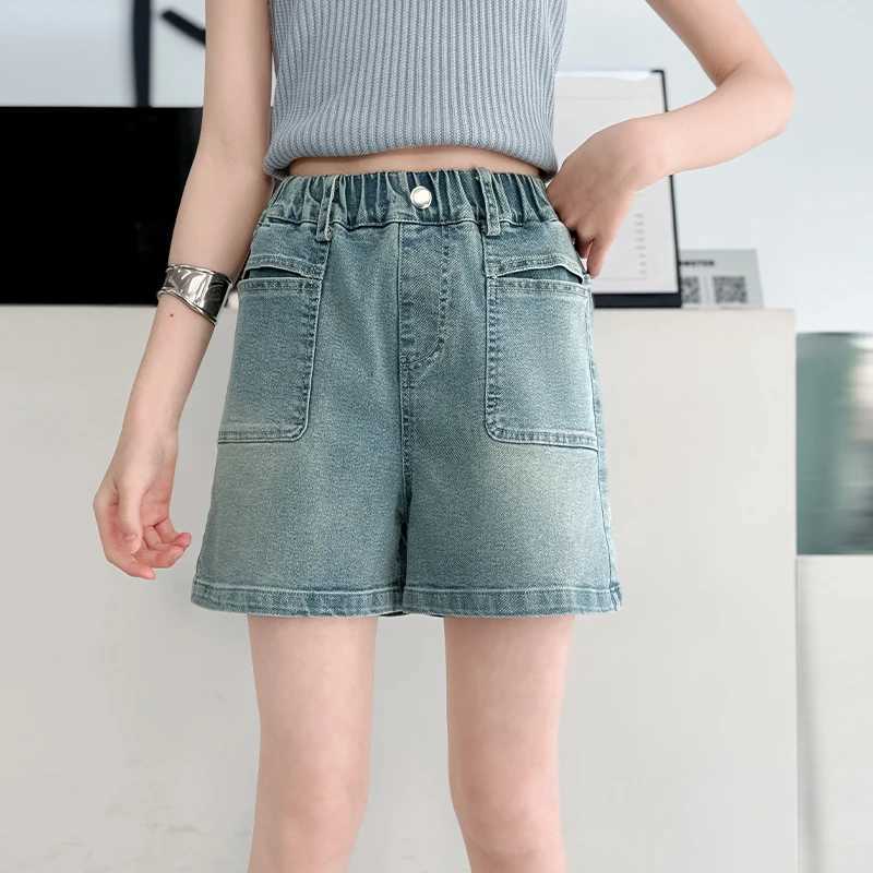 Girls summer front pocket design shorts 2025 new thin fashion jeans casual sports shorts 5-15 years oldC250617
