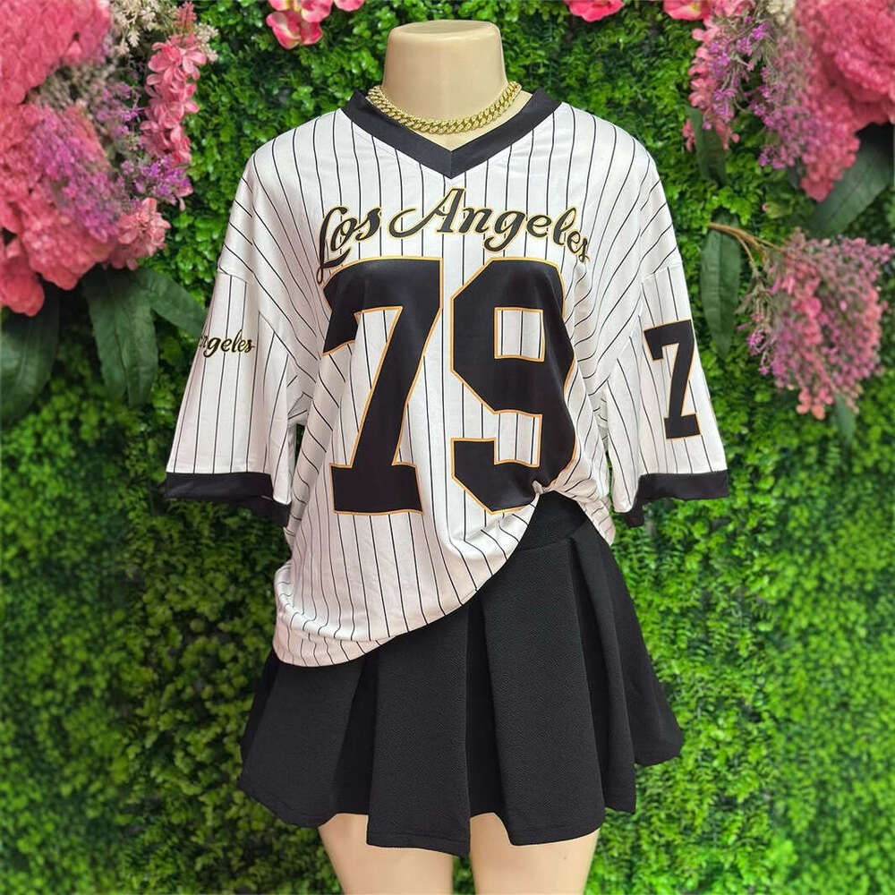 New Casual Fashion Loose Street Print Trendy V-Neck Short Sleeve Top Sports Style Striped T-Shirt B5