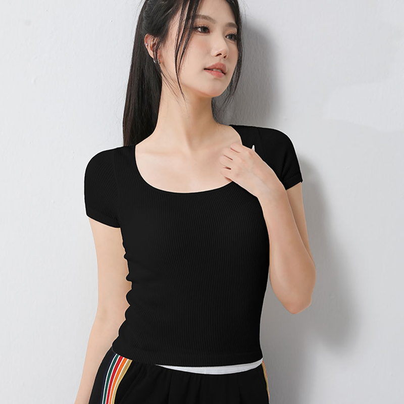 Figure-Hugging Womens Short Sleeve Tee Square Neck Bra Style With Integrated Cushioning for Comfortable Fit