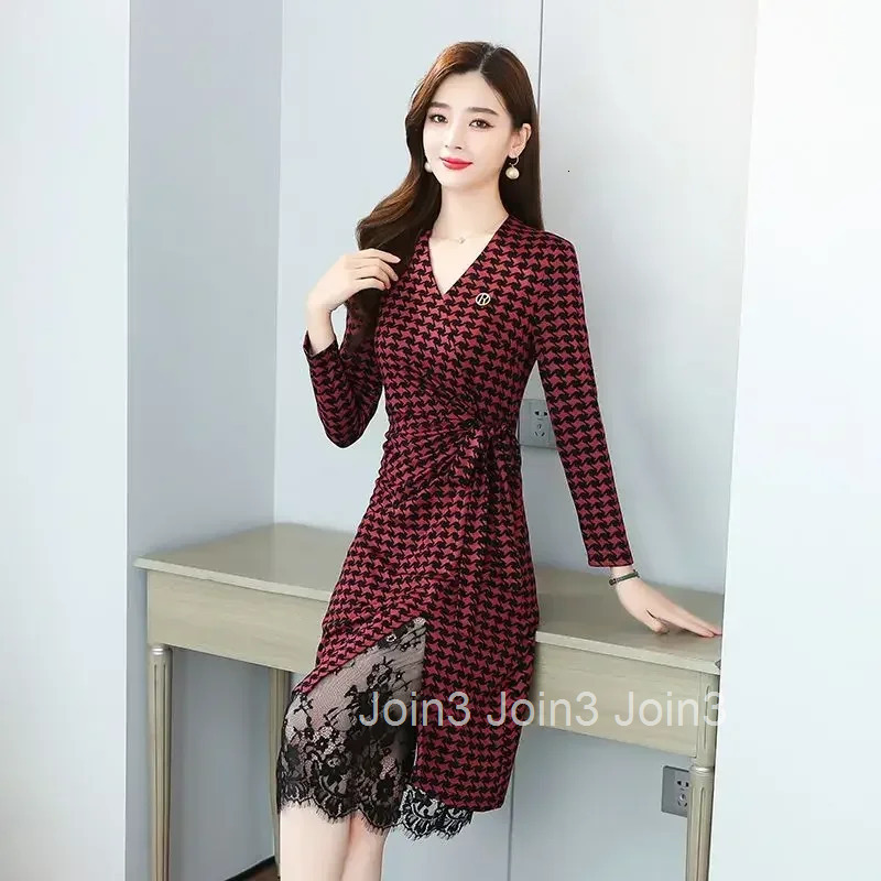 Korean Style Womens Long Sleeve Dresses Splicing Female Dress Lace Kpop Sensual Sexy Elastic A Line Elegant Chic One-piece Xxl