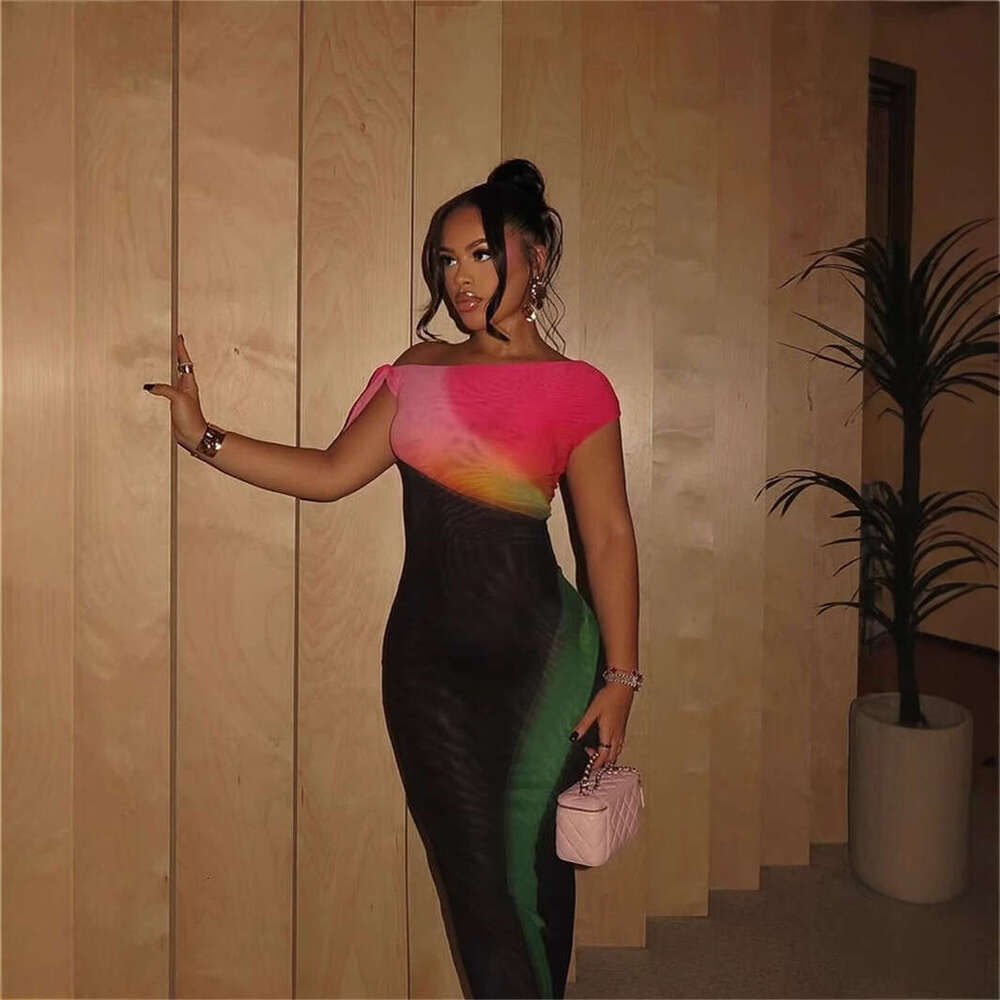 Autumn New Fashion Versatile Stretch Color-Block Slim Sexy Asymmetric Neck Long Bodycon Dress For Women B5