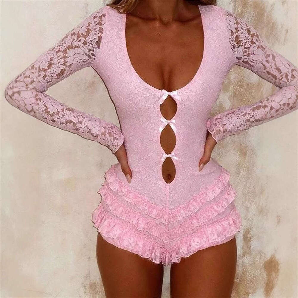 Autumn New Solid Color Low Neck Slim Fit Girl Sexy Lace Hollow Out Patchwork Jumpsuit B5