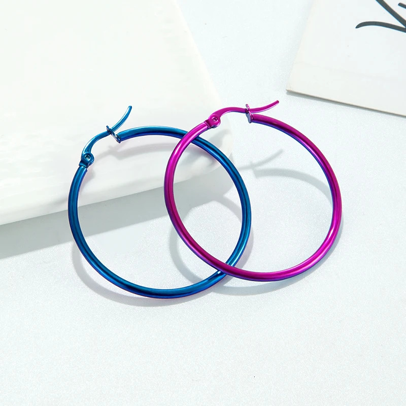 Trend Blue Purple Hoop Earrings Exaggerated Stainless Steel Geometric Bohemian Round Circle Ear Rings Women Ear jewelry Gift 250603