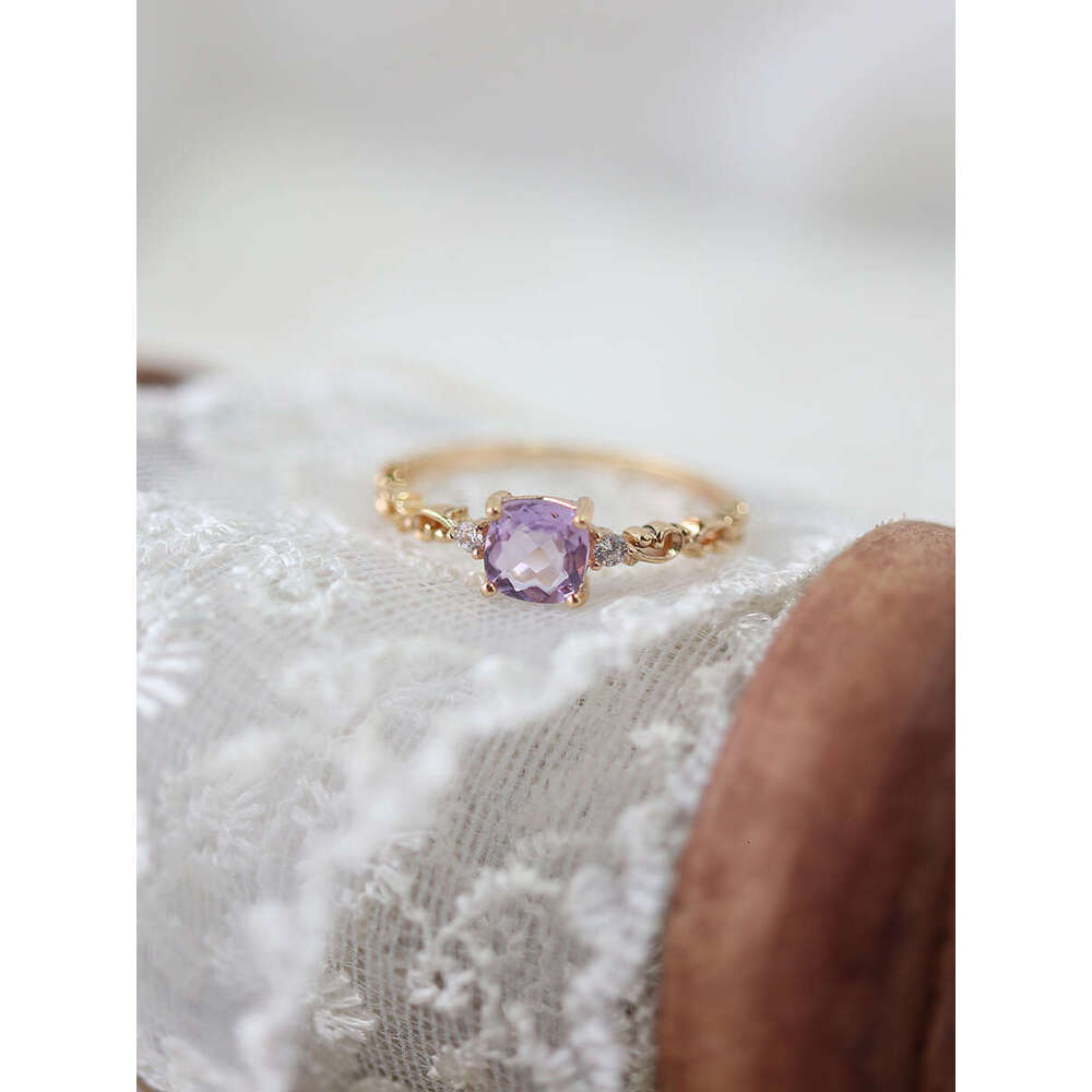 Little Sugar Cube Series Natural Amethyst Vine Hollow Luxury Ring Gold Plated Dreamy Cute Fresh Style for Women