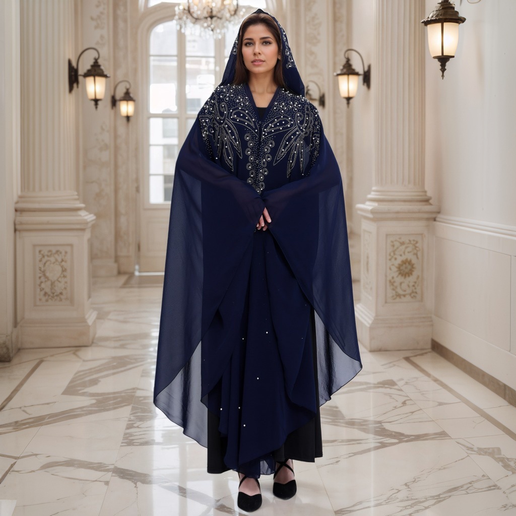 L617Hot Diamond Beaded Robe Muslim Shawl Hooded Cape Dress Bat Sleeve