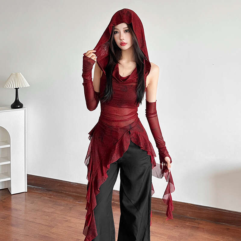 Autumn New Women's Fashion Solid Color Slim Fit Street Style Hooded Sleeveless Mesh Top B5