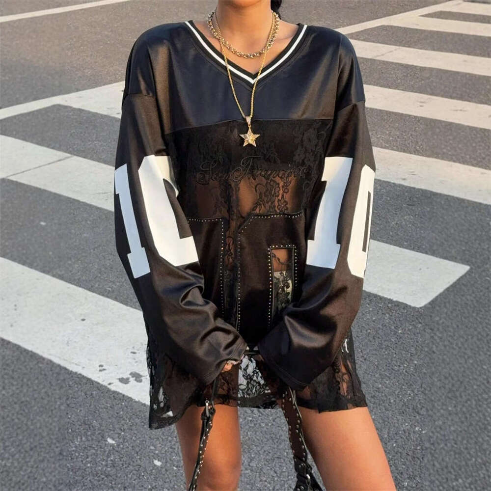 Summer New Women's Fashion Personality Trendy Printed Lace Sheer V-Neck Sweatshirt B5