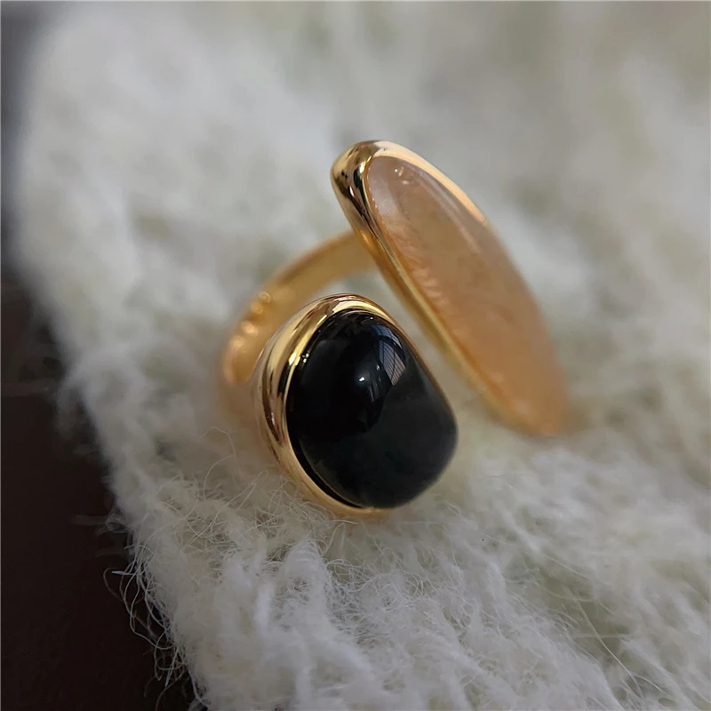 Natural black agate asymmetrical irregular French vintage open rings finger accessory 250618