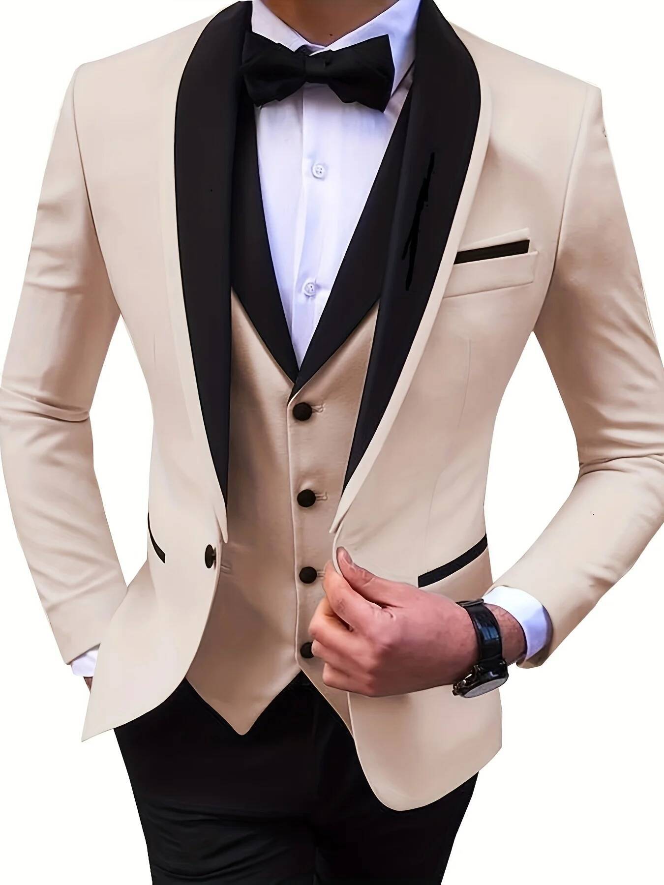 Elegant Slit Men's 3 Piece Black Shawl Lapel Casual Tuxedos For Wedding Groomsmen Suits Men (Blazer+Vest+Pant)