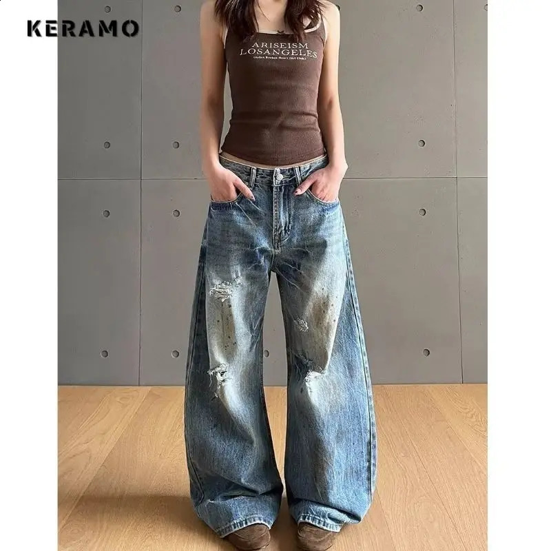 Harajuku Loose Baggy Emo Denim Trouser Womens Casual Damage Retro Full Length Jeans High Waist Y2K 2000s Blue Ripped Pants 250614