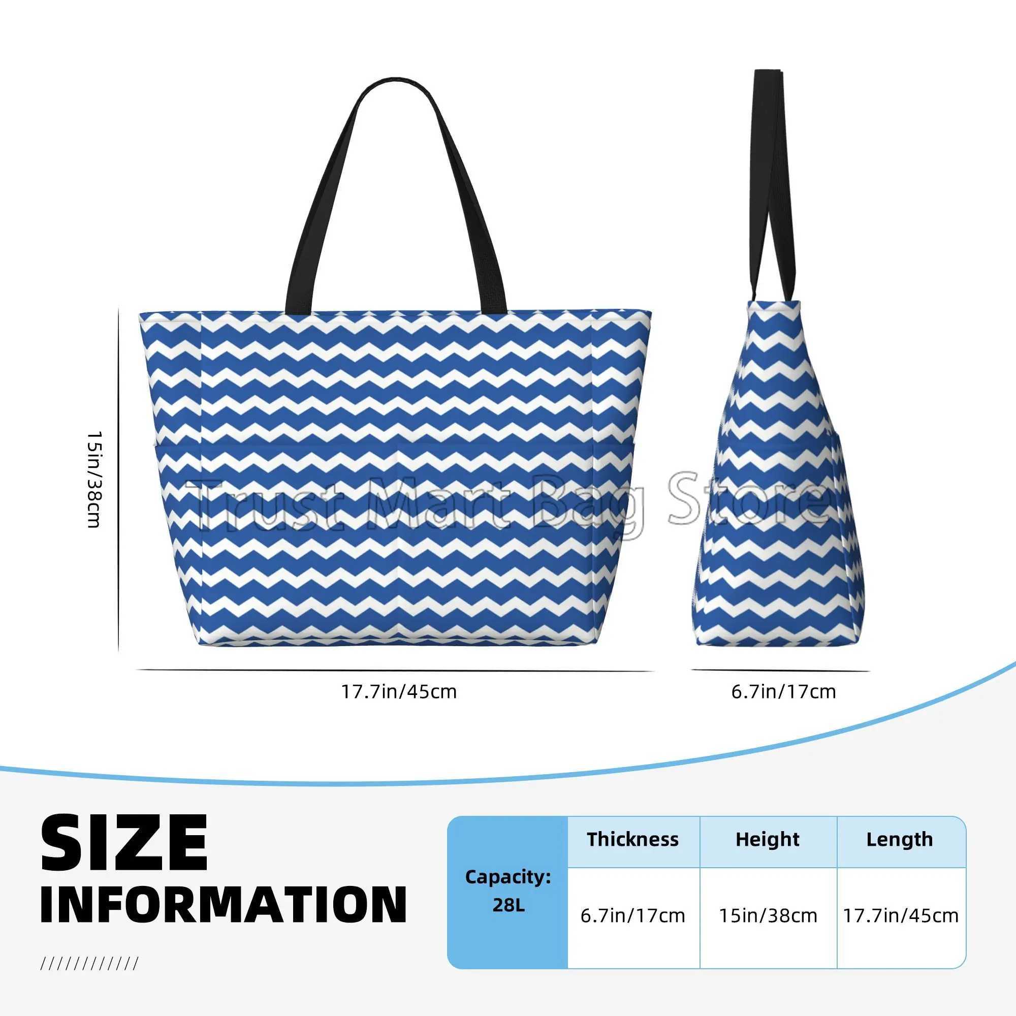 Blue Stripes Large Waterproof Beach Bag for Women Sandproof Tote Bag Pool Bag with Zipper and Pockets for Travel Vacation Gym W250618