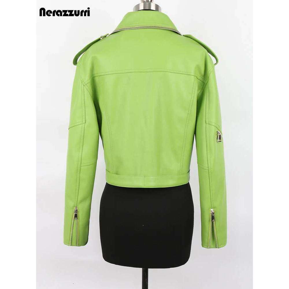 Nerazzurri Spring Autumn Colored Green Black Short Leather Biker Jacket Women Zipper Cool Designer Clothes Fashion 2022