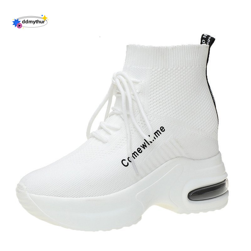 High-top Elastic Sock for Women, Hidden Wedge Casual Sneakers, Sporty White Shoes ddmythur