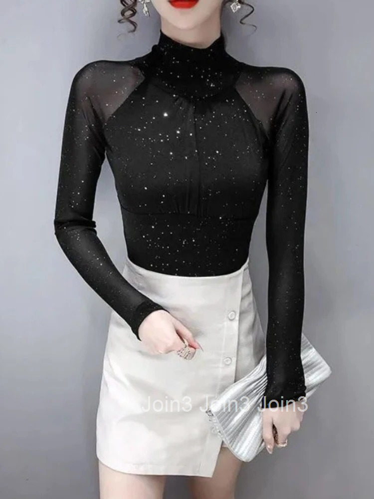 Womens T Shirts Female Tops 2025 Clothes Glitter Sequin Black Tshirts Rhinestone Mesh Novelties Kpop Korea Stylish Fitted Tees