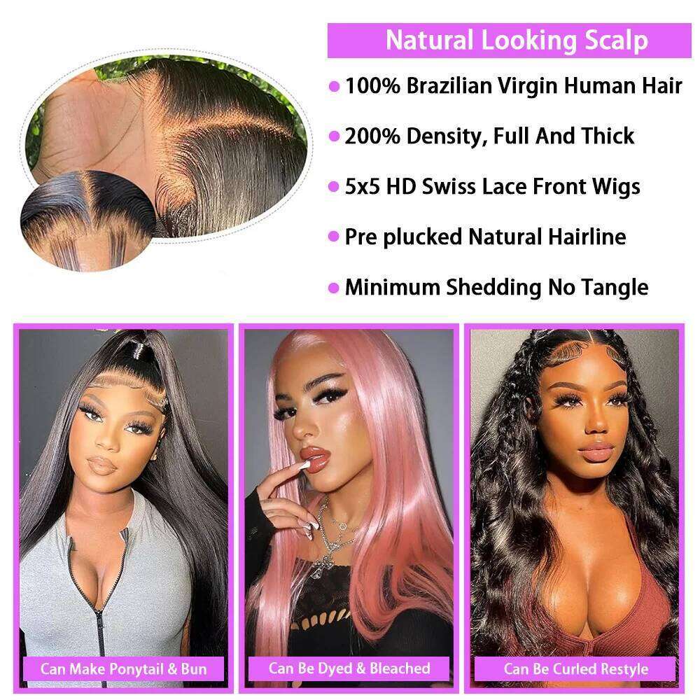 Wear and Go Glueless Pre Plucked 220% Density 5x5 Closure Wig Straight 13x4 Lace Wigs Human Hair Match All Skin Tones