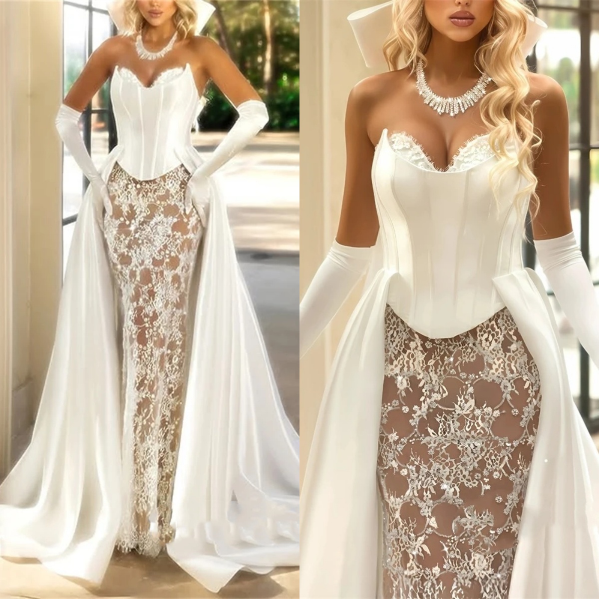 Elegant Mermaid Wedding Dress Sheer Neck Sleeveless Bridal Gowns Lace See Through Detachable Train Dresses Custom Made vestidos de novia