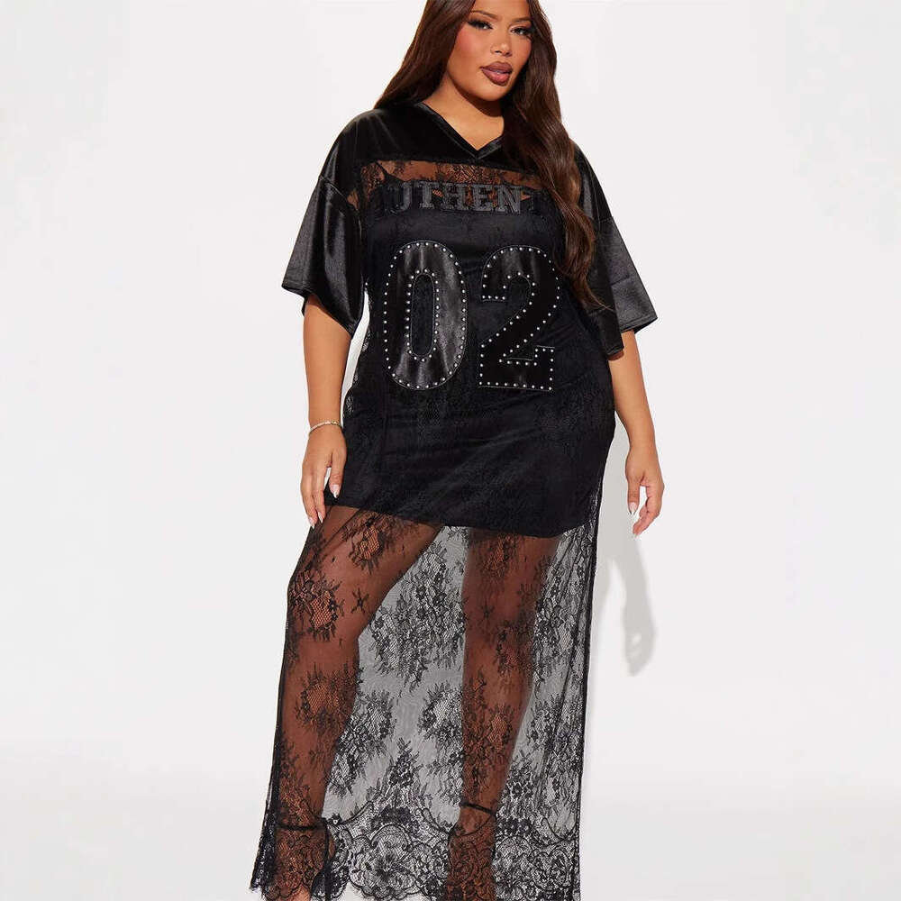 New Fashion V-Neck Hollow Lace Patchwork Casual Loose Short Sleeve Long Dress For Women B5